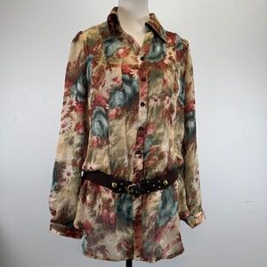 Unbranded Semi Sheer Roll Tab Sleeve Boho Cowgirl Attached Elastic Belt Size L